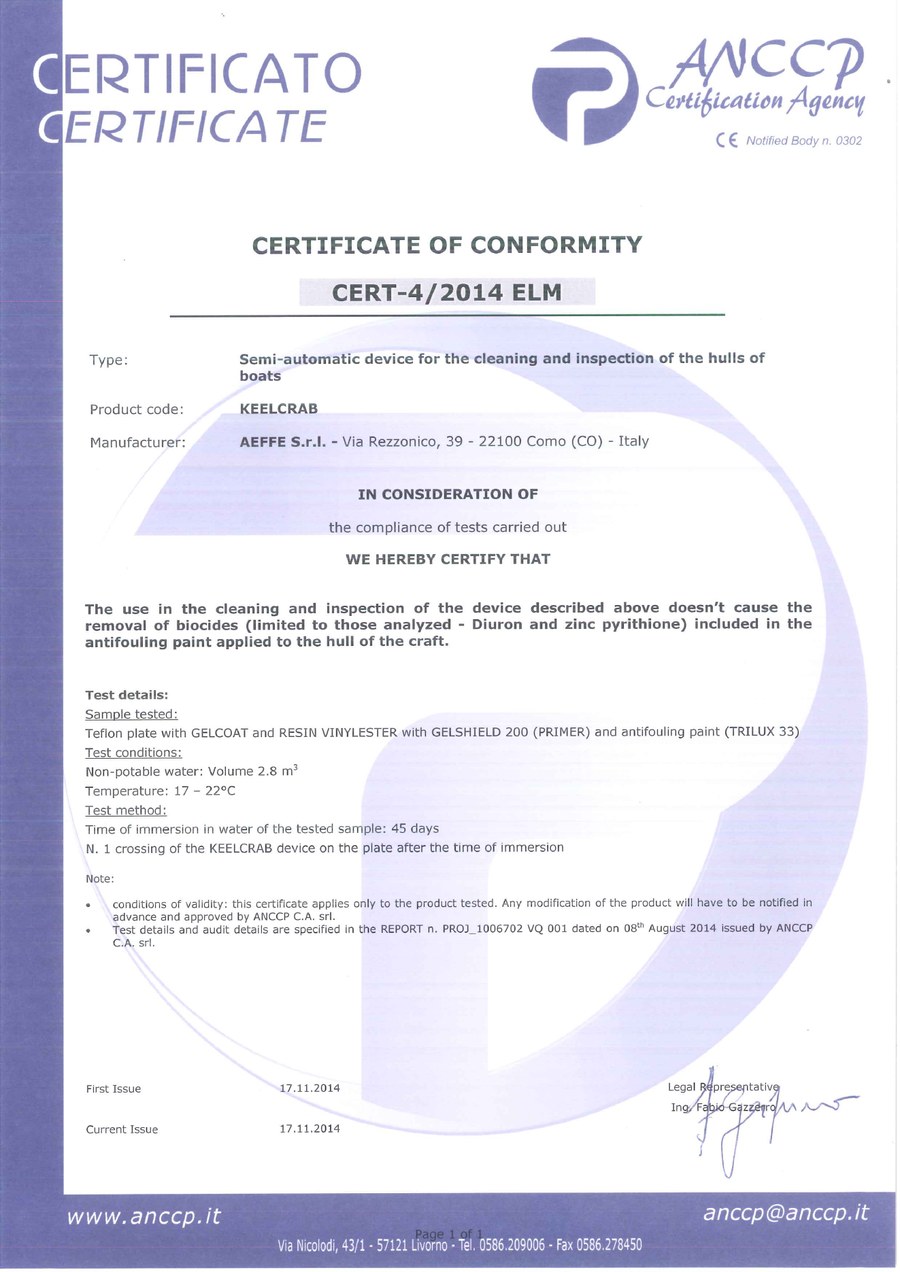 KeelCrab ANCCP certificate confirming cleaning and inspection does not remove antifouling biocides